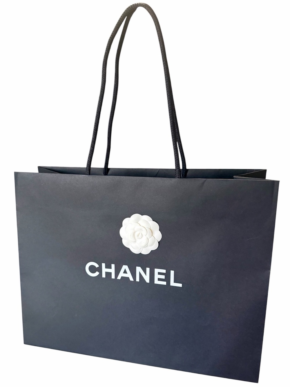 CHANEL Large Black Paper Bag Logo Shopping Tote with handles